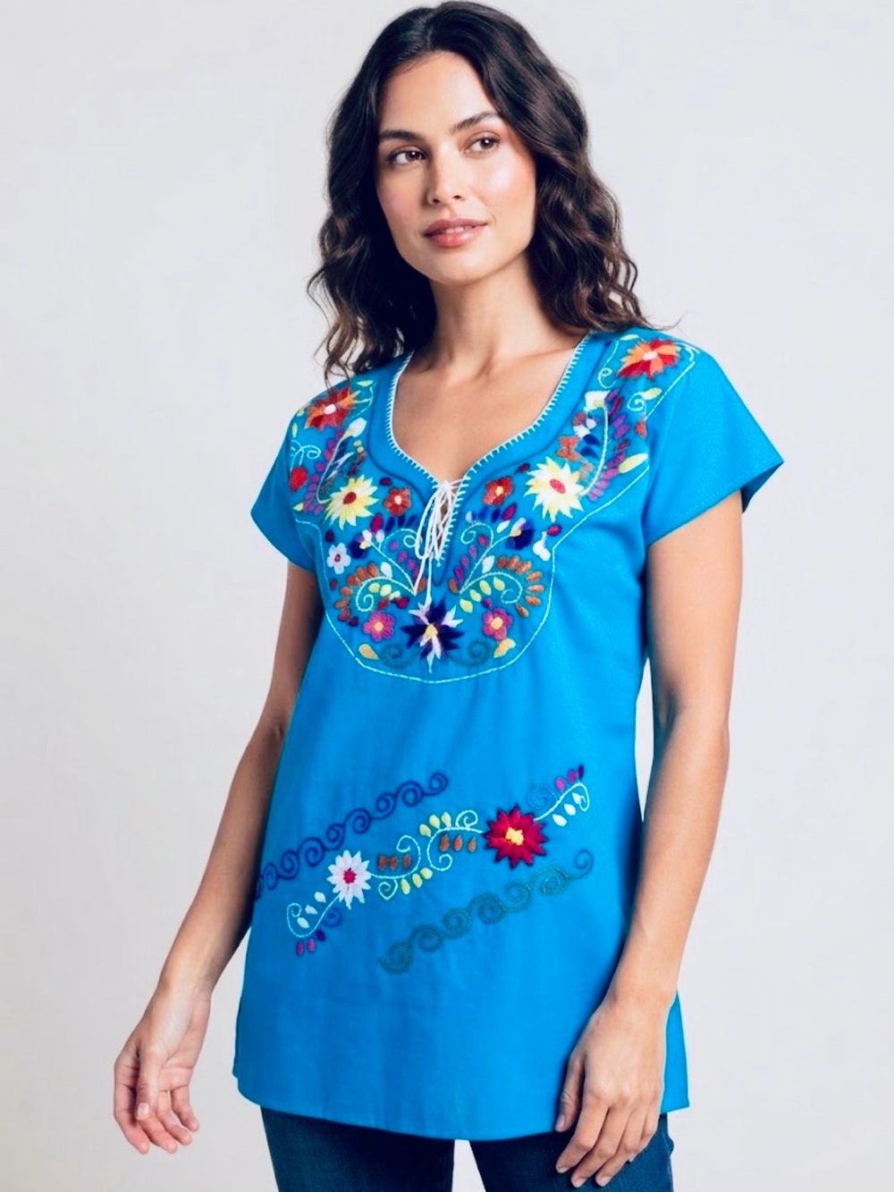Turquoise Blue Handmade Mexican Embroidered Boho Blouse M/L